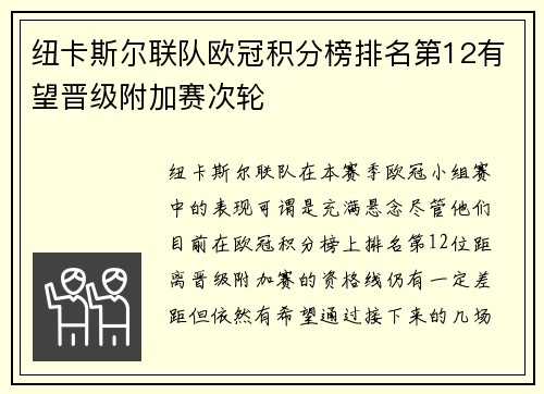 纽卡斯尔联队欧冠积分榜排名第12有望晋级附加赛次轮 纽卡斯尔联队欧冠积分榜排名第12有望晋级附加赛次轮